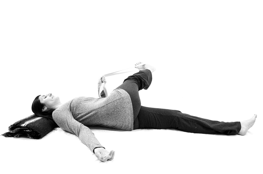 Reclined three part hamstring stretch - part three - from Yoga for Low Back and Hip Health by Cyndi Roberts