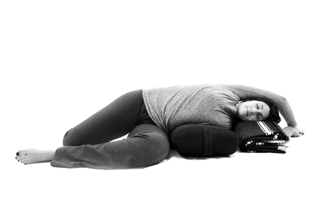 Supported Half Moon pose. Photo credit: Yoga for Low Back and Hip Health by Cyndi Roberts