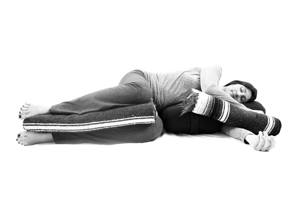 Supported Half Moon pose. Photo credit: Yoga for Low Back and Hip Health by Cyndi Roberts